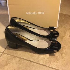 Black paten leather stack heel